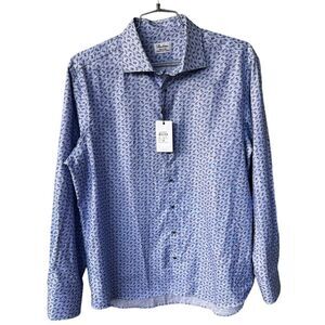 Stenstroms Blue Fitted Body Cotton Giraffe Safari Button Down Shirt NWT 44